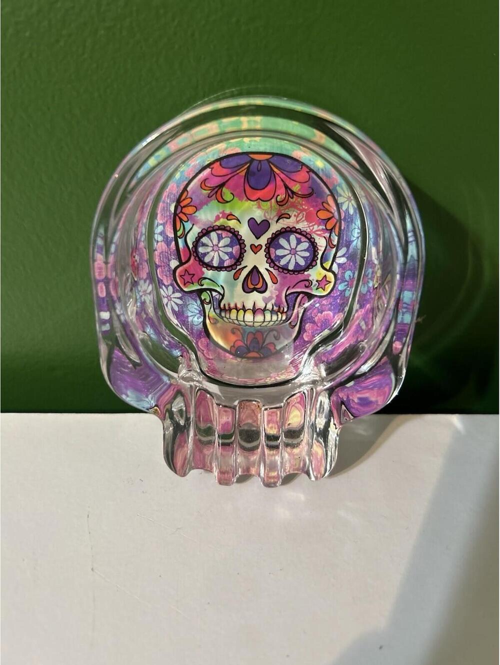 Smokezilla Glass Sugar Skull Ashtray Trinket Dish Day of the Dead Colorful 2020